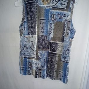Plisse Sleeveless Women's Top, Size L and Blue, Gray and White Tones